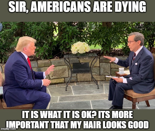 Dump the idiot. #biden2020 #harris2021 | SIR, AMERICANS ARE DYING; IT IS WHAT IT IS OK? ITS MORE IMPORTANT THAT MY HAIR LOOKS GOOD | image tagged in memes,politics,donald trump is an idiot,corruption,maga | made w/ Imgflip meme maker