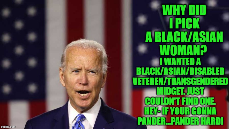 pandering Joe |  WHY DID I PICK A BLACK/ASIAN WOMAN? I WANTED A BLACK/ASIAN/DISABLED VETEREN/TRANSGENDERED MIDGET. JUST COULDN'T FIND ONE. HEY- IF YOUR GONNA PANDER...PANDER HARD! | image tagged in politics,joe biden,kamala,democrats | made w/ Imgflip meme maker