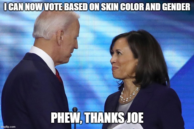 Phew, thanks Joe. | I CAN NOW VOTE BASED ON SKIN COLOR AND GENDER; PHEW, THANKS JOE | image tagged in joe biden,kamala harris | made w/ Imgflip meme maker