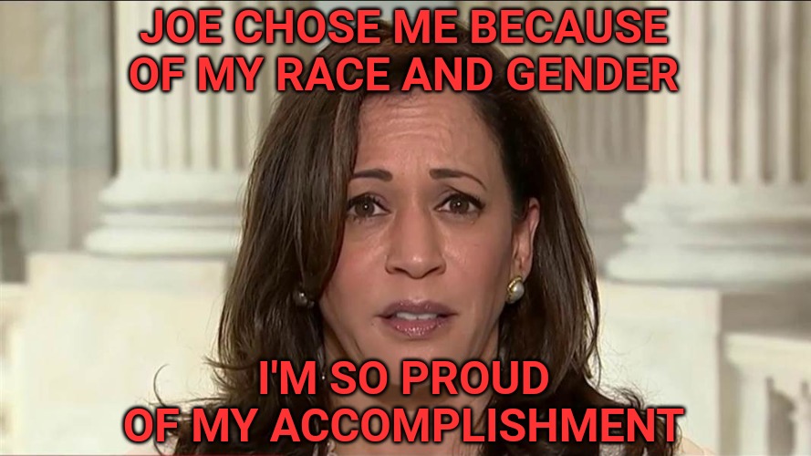 kamala harris | JOE CHOSE ME BECAUSE OF MY RACE AND GENDER; I'M SO PROUD OF MY ACCOMPLISHMENT | image tagged in kamala harris | made w/ Imgflip meme maker