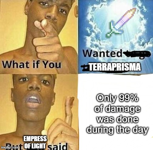 haha empress of light go BRRRRRRR | TERRAPRISMA; Only 99% of damage was done during the day; EMPRESS OF LIGHT | image tagged in what if you wanted to go to heaven | made w/ Imgflip meme maker