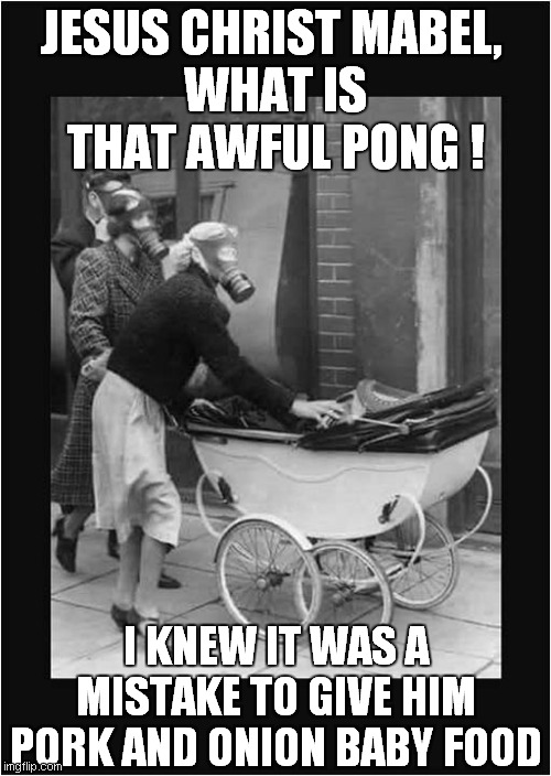Mask Wearing In The Past | JESUS CHRIST MABEL, 
WHAT IS THAT AWFUL PONG ! I KNEW IT WAS A MISTAKE TO GIVE HIM PORK AND ONION BABY FOOD | image tagged in gas mask pram,masks | made w/ Imgflip meme maker