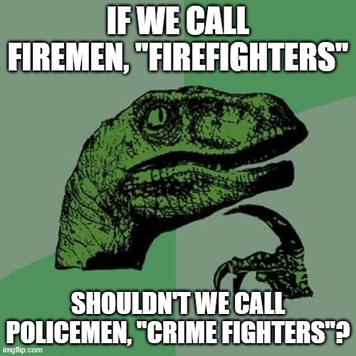 Philosoraptor Meme | IF WE CALL FIREMEN, "FIREFIGHTERS"; SHOULDN'T WE CALL POLICEMEN, "CRIME FIGHTERS"? | image tagged in memes,philosoraptor | made w/ Imgflip meme maker