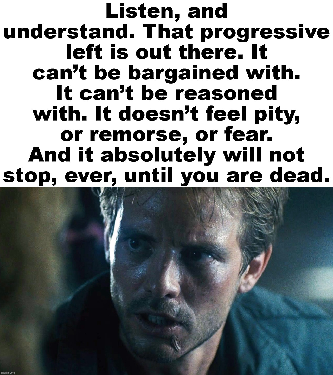 They will do anything to make you a part of the collective. | Listen, and understand. That progressive left is out there. It can’t be bargained with. It can’t be reasoned with. It doesn’t feel pity, or remorse, or fear. And it absolutely will not stop, ever, until you are dead. | image tagged in kyle reese terminator,collection,progressives,leftists,political meme | made w/ Imgflip meme maker