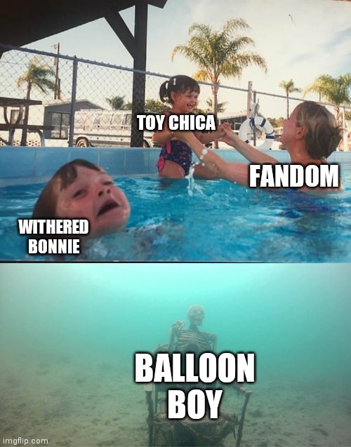 Fandom, tsk tsk tsk | TOY CHICA; FANDOM; WITHERED BONNIE; BALLOON BOY | image tagged in drowning kid in the pool,mother ignoring kid drowning in a pool | made w/ Imgflip meme maker