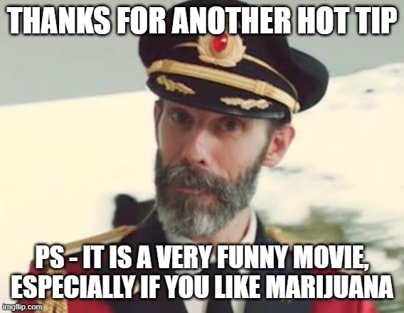 Captain Obvious | THANKS FOR ANOTHER HOT TIP PS - IT IS A VERY FUNNY MOVIE, ESPECIALLY IF YOU LIKE MARIJUANA | image tagged in captain obvious | made w/ Imgflip meme maker