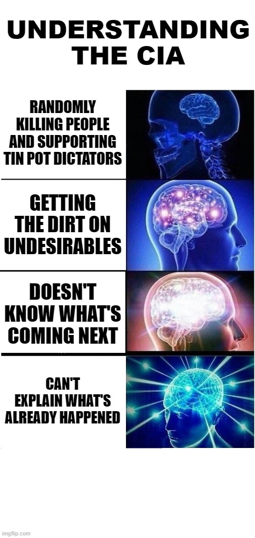 The movie I'm watching is silly.  Here's the real deal. | UNDERSTANDING THE CIA; RANDOMLY KILLING PEOPLE AND SUPPORTING TIN POT DICTATORS; GETTING THE DIRT ON UNDESIRABLES; DOESN'T KNOW WHAT'S COMING NEXT; CAN'T EXPLAIN WHAT'S ALREADY HAPPENED | image tagged in memes,expanding brain,cia | made w/ Imgflip meme maker