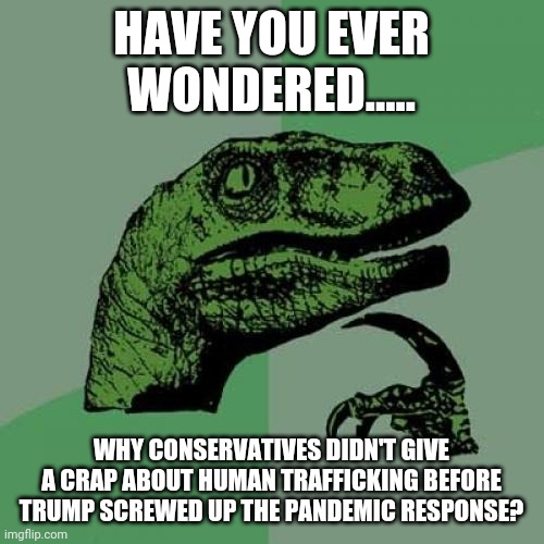 QAnon BS | HAVE YOU EVER WONDERED..... WHY CONSERVATIVES DIDN'T GIVE A CRAP ABOUT HUMAN TRAFFICKING BEFORE TRUMP SCREWED UP THE PANDEMIC RESPONSE? | image tagged in qanon,conservatives,coronavirus,pandemic,covid19,donald trump | made w/ Imgflip meme maker