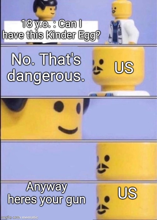 Why are US laws like this |  18 y.o. : Can I have this Kinder Egg? No. That's dangerous. US; Anyway heres your gun; US | image tagged in guns,us,kinder eggs,lego doctor higher quality | made w/ Imgflip meme maker
