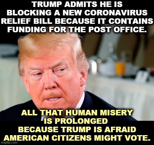 Donald and Melania just requested mail-in ballots. One America for the rich, another for you. | TRUMP ADMITS HE IS BLOCKING A NEW CORONAVIRUS RELIEF BILL BECAUSE IT CONTAINS FUNDING FOR THE POST OFFICE. ALL THAT HUMAN MISERY IS PROLONGED 
BECAUSE TRUMP IS AFRAID AMERICAN CITIZENS MIGHT VOTE. | image tagged in trump lip curl as his world goes to shit,trump,post office,fear,voting,democracy | made w/ Imgflip meme maker