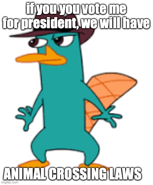 late to the party, but still here | if you you vote me for president, we will have; ANIMAL CROSSING LAWS | image tagged in perry | made w/ Imgflip meme maker