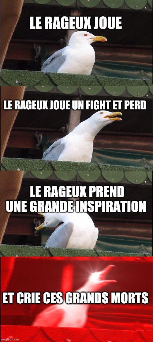 Inhaling Seagull Meme | LE RAGEUX JOUE; LE RAGEUX JOUE UN FIGHT ET PERD; LE RAGEUX PREND UNE GRANDE INSPIRATION; ET CRIE CES GRANDS MORTS | image tagged in memes,inhaling seagull | made w/ Imgflip meme maker