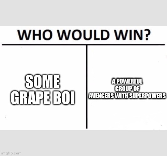 Who Would Win? | SOME GRAPE BOI; A POWERFUL GROUP OF AVENGERS WITH SUPERPOWERS | image tagged in memes,who would win,marvel | made w/ Imgflip meme maker