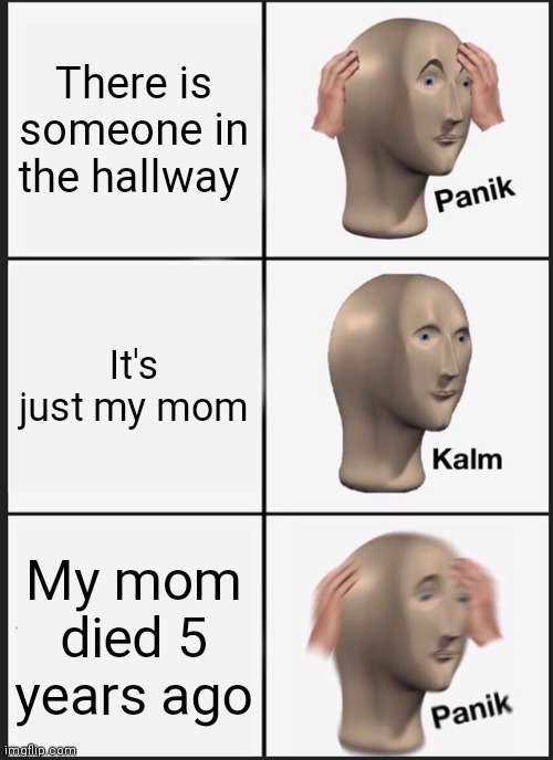 Panik Kalm Panik Meme | There is someone in the hallway; It's just my mom; My mom died 5 years ago | image tagged in memes,panik kalm panik | made w/ Imgflip meme maker