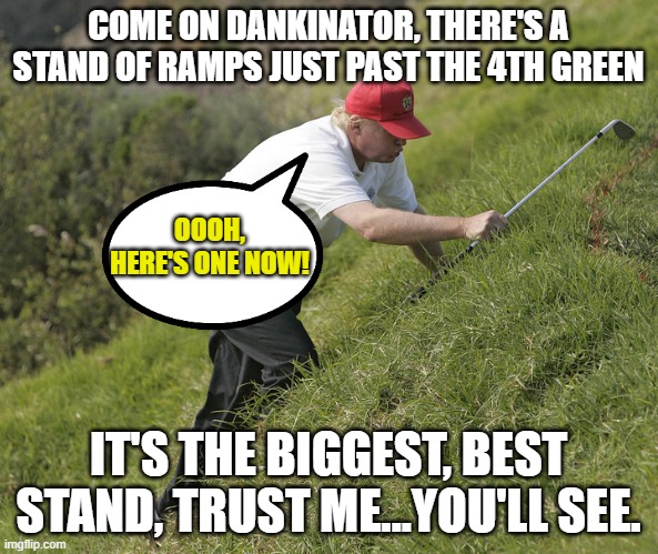 trump golfing | COME ON DANKINATOR, THERE'S A STAND OF RAMPS JUST PAST THE 4TH GREEN IT'S THE BIGGEST, BEST STAND, TRUST ME...YOU'LL SEE. OOOH, HERE'S ONE N | image tagged in trump golfing | made w/ Imgflip meme maker