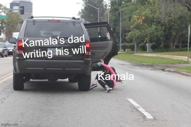 Kicked Out of Car | Kamala's dad writing his will Kamala | image tagged in kicked out of car | made w/ Imgflip meme maker
