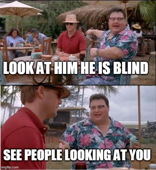 See Nobody Cares Meme | LOOK AT HIM HE IS BLIND; SEE PEOPLE LOOKING AT YOU | image tagged in memes,see nobody cares | made w/ Imgflip meme maker