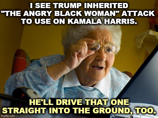 “Like everything else he inherited, he ran it straight into the ground.” | I SEE TRUMP INHERITED "THE ANGRY BLACK WOMAN" ATTACK 
TO USE ON KAMALA HARRIS. HE'LL DRIVE THAT ONE STRAIGHT INTO THE GROUND, TOO. | image tagged in memes,grandma finds the internet,trump,silly,attack,kamala harris | made w/ Imgflip meme maker
