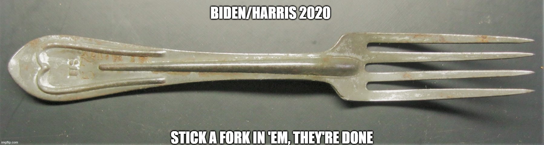 BIDEN/HARRIS 2020; STICK A FORK IN 'EM, THEY'RE DONE | image tagged in biden | made w/ Imgflip meme maker