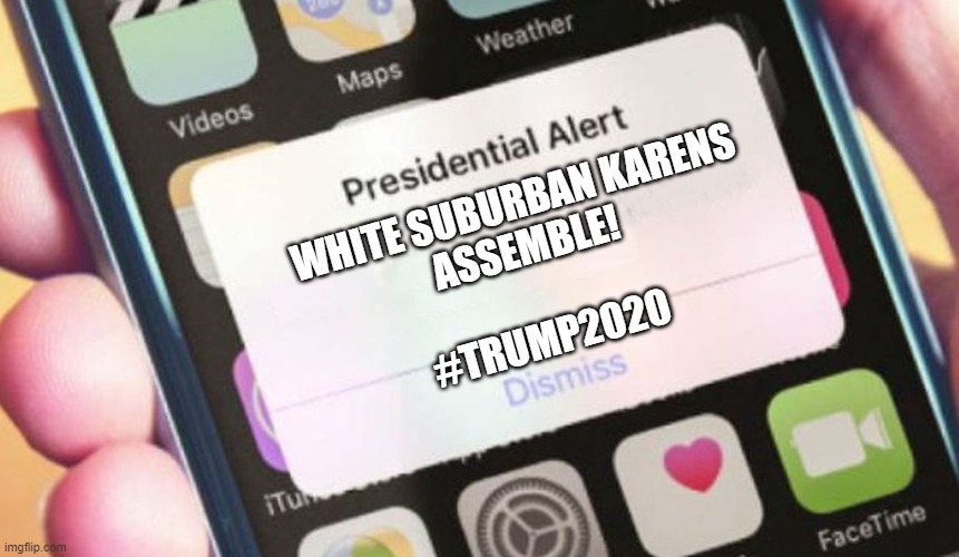 Trump's Most Focused Clarion Call | WHITE SUBURBAN KARENS
ASSEMBLE!
 
#TRUMP2020 | image tagged in memes,presidential alert,2020,karen,trump | made w/ Imgflip meme maker