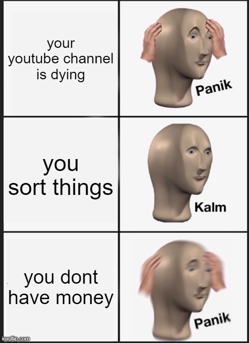 Panik Kalm Panik | your youtube channel is dying; you sort things; you dont have money | image tagged in memes,panik kalm panik | made w/ Imgflip meme maker