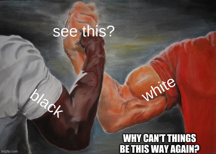 People plz get along | see this? white; black; WHY CAN'T THINGS BE THIS WAY AGAIN? | image tagged in memes,epic handshake,all lives matter,get along,racism | made w/ Imgflip meme maker