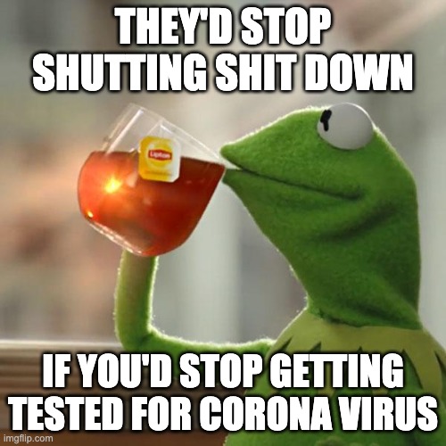 Stop getting tested for corona virus | THEY'D STOP SHUTTING SHIT DOWN; IF YOU'D STOP GETTING TESTED FOR CORONA VIRUS | image tagged in memes,but that's none of my business,kermit the frog | made w/ Imgflip meme maker