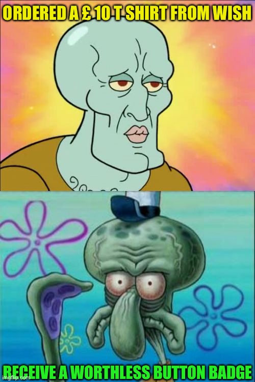 Squidward Meme | ORDERED A £ 10 T SHIRT FROM WISH RECEIVE A WORTHLESS BUTTON BADGE | image tagged in memes,squidward | made w/ Imgflip meme maker