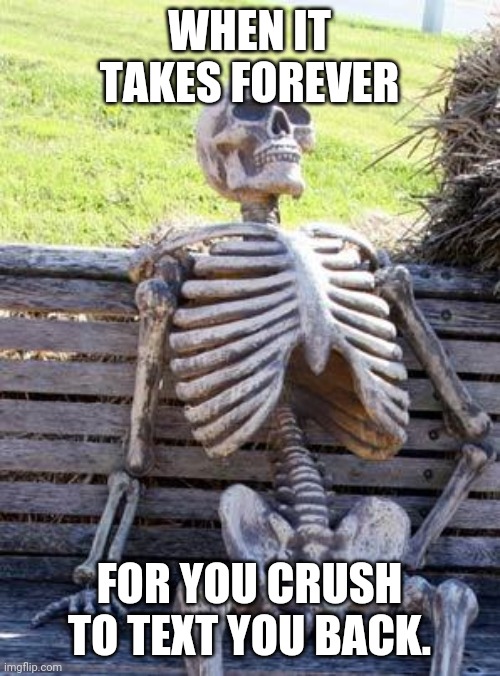 Waiting Skeleton | WHEN IT TAKES FOREVER; FOR YOU CRUSH TO TEXT YOU BACK. | image tagged in memes,waiting skeleton | made w/ Imgflip meme maker