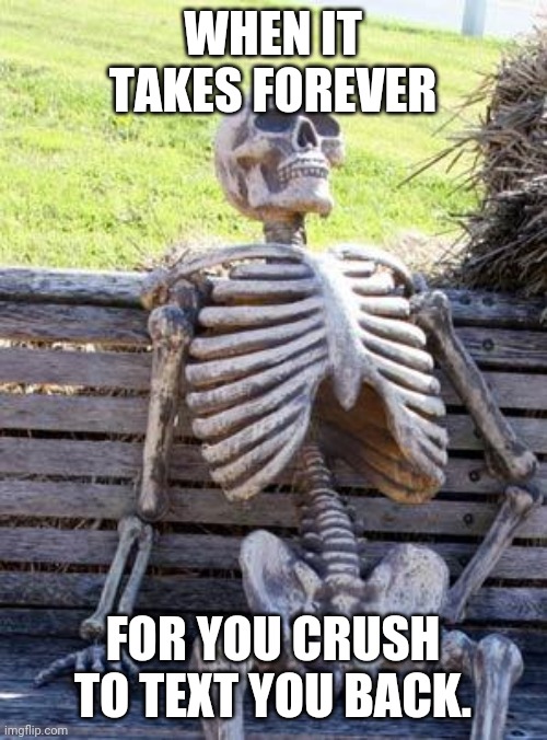 Waiting Skeleton Meme | WHEN IT TAKES FOREVER; FOR YOU CRUSH TO TEXT YOU BACK. | image tagged in memes,waiting skeleton | made w/ Imgflip meme maker