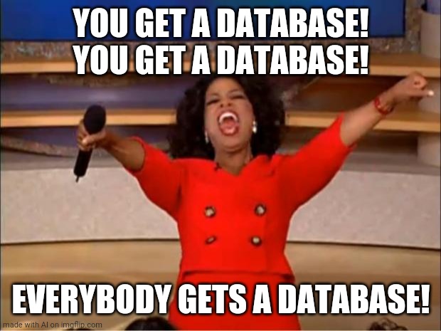 Database rules!! | YOU GET A DATABASE! YOU GET A DATABASE! EVERYBODY GETS A DATABASE! | image tagged in memes,oprah you get a | made w/ Imgflip meme maker
