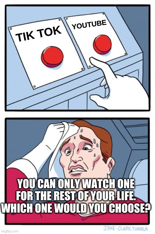 Two Buttons | YOUTUBE; TIK TOK; YOU CAN ONLY WATCH ONE FOR THE REST OF YOUR LIFE. WHICH ONE WOULD YOU CHOOSE? | image tagged in memes,two buttons | made w/ Imgflip meme maker