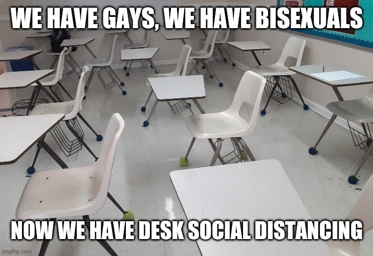 Desk Social Distancing | WE HAVE GAYS, WE HAVE BISEXUALS; NOW WE HAVE DESK SOCIAL DISTANCING | image tagged in funny | made w/ Imgflip meme maker