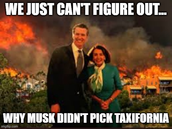Pelosi Newsom | WE JUST CAN'T FIGURE OUT... WHY MUSK DIDN'T PICK TAXIFORNIA | image tagged in pelosi newsom | made w/ Imgflip meme maker