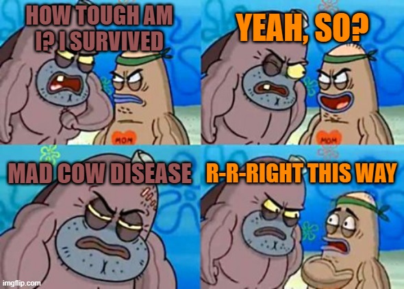 Surviving a terminal illness | YEAH, SO? HOW TOUGH AM I? I SURVIVED; MAD COW DISEASE; R-R-RIGHT THIS WAY | image tagged in memes,how tough are you | made w/ Imgflip meme maker