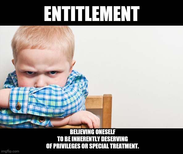 Entitlement | ENTITLEMENT; BELIEVING ONESELF
 TO BE INHERENTLY DESERVING 
OF PRIVILEGES OR SPECIAL TREATMENT. | image tagged in entitlement | made w/ Imgflip meme maker
