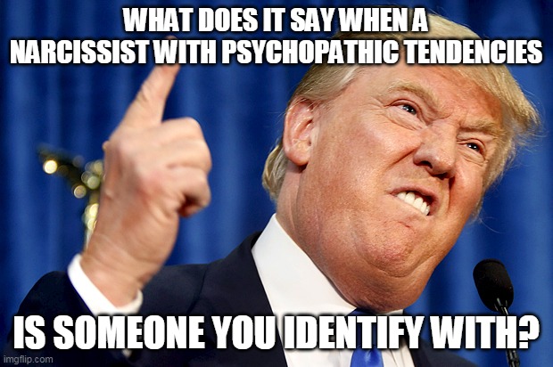 Donald Trump | WHAT DOES IT SAY WHEN A NARCISSIST WITH PSYCHOPATHIC TENDENCIES; IS SOMEONE YOU IDENTIFY WITH? | image tagged in donald trump | made w/ Imgflip meme maker