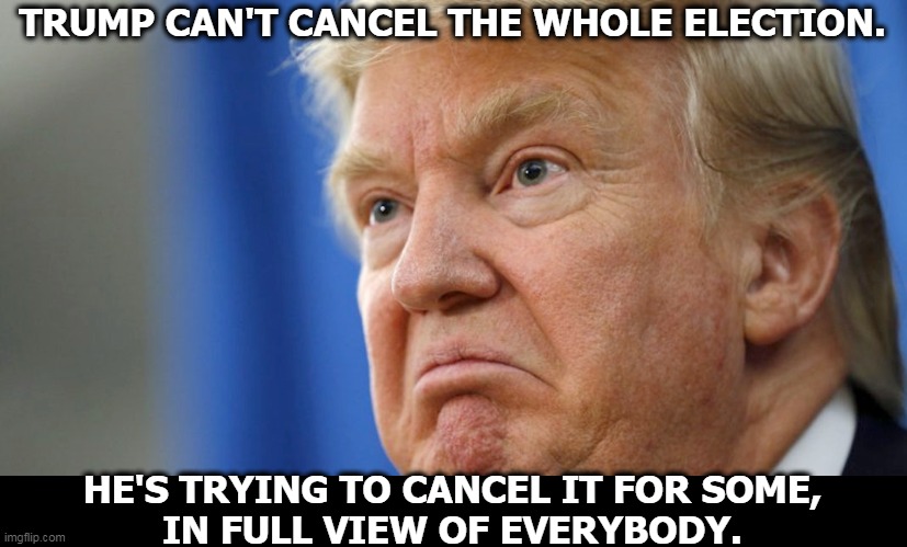 Mail sorting machines across the country have been shut down, dismantled and removed from post offices. Stealing the vote. | TRUMP CAN'T CANCEL THE WHOLE ELECTION. HE'S TRYING TO CANCEL IT FOR SOME,
IN FULL VIEW OF EVERYBODY. | image tagged in trump,afraid,voting,stealing,election | made w/ Imgflip meme maker