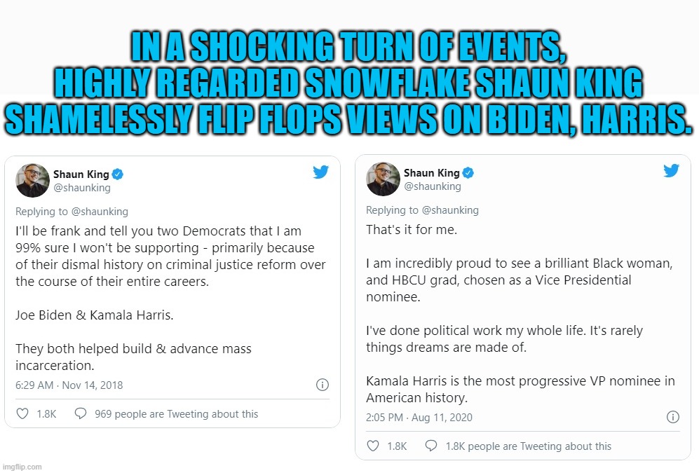 At least he had the prescience to allow himself a whopping 1% of wiggle room, should the unthinkable actually happen. | IN A SHOCKING TURN OF EVENTS, HIGHLY REGARDED SNOWFLAKE SHAUN KING SHAMELESSLY FLIP FLOPS VIEWS ON BIDEN, HARRIS. | image tagged in snowflake hypocrisy,snowflake values | made w/ Imgflip meme maker