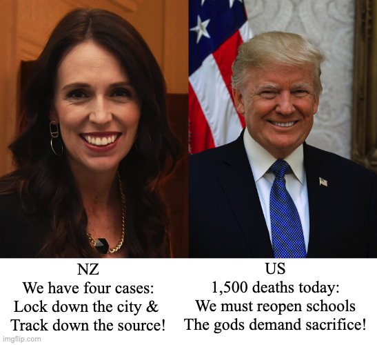 NZ vs US | NZ
We have four cases:
Lock down the city & 
Track down the source! US
1,500 deaths today:
We must reopen schools
The gods demand sacrifice! | image tagged in nz vs us | made w/ Imgflip meme maker