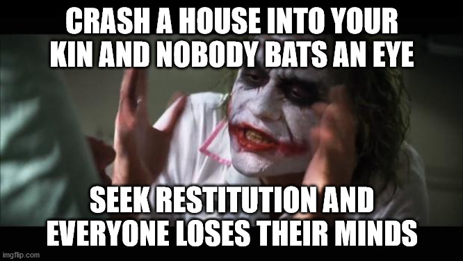 And everybody loses their minds Meme | CRASH A HOUSE INTO YOUR KIN AND NOBODY BATS AN EYE; SEEK RESTITUTION AND EVERYONE LOSES THEIR MINDS | image tagged in memes,and everybody loses their minds,wicked witch of the west,oz,house | made w/ Imgflip meme maker