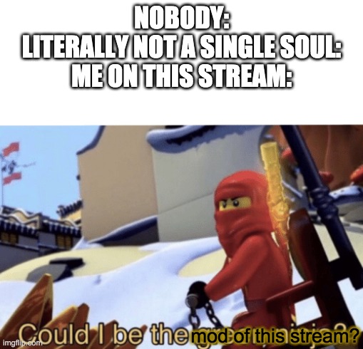 No really, could I be a mod | NOBODY:
LITERALLY NOT A SINGLE SOUL:
ME ON THIS STREAM:; mod of this stream? | image tagged in could i be the green ninja | made w/ Imgflip meme maker