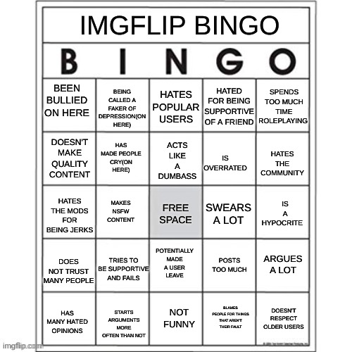 IMGFLIP BINGO; BEING CALLED A FAKER OF DEPRESSION(ON HERE); HATES POPULAR USERS; SPENDS TOO MUCH TIME ROLEPLAYING; HATED FOR BEING SUPPORTIVE OF A FRIEND; BEEN BULLIED ON HERE; ACTS LIKE A DUMBASS; IS OVERRATED; HATES THE COMMUNITY; HAS MADE PEOPLE CRY(ON HERE); DOESN'T MAKE QUALITY CONTENT; MAKES NSFW CONTENT; FREE SPACE; SWEARS A LOT; IS A HYPOCRITE; HATES THE MODS FOR BEING JERKS; POTENTIALLY MADE A USER LEAVE; ARGUES A LOT; POSTS TOO MUCH; DOES NOT TRUST MANY PEOPLE; TRIES TO BE SUPPORTIVE AND FAILS; HAS MANY HATED OPINIONS; BLAMES PEOPLE FOR THINGS THAT AREN'T THEIR FAULT; STARTS ARGUMENTS MORE OFTEN THAN NOT; NOT FUNNY; DOESN'T RESPECT OLDER USERS | image tagged in imgflip bingo | made w/ Imgflip meme maker