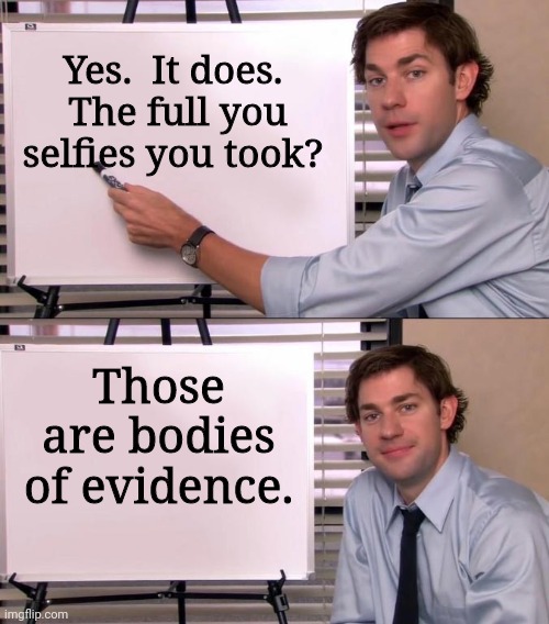 Jim Halpert Explains | Yes.  It does.  The full you selfies you took? Those are bodies of evidence. | image tagged in jim halpert explains | made w/ Imgflip meme maker