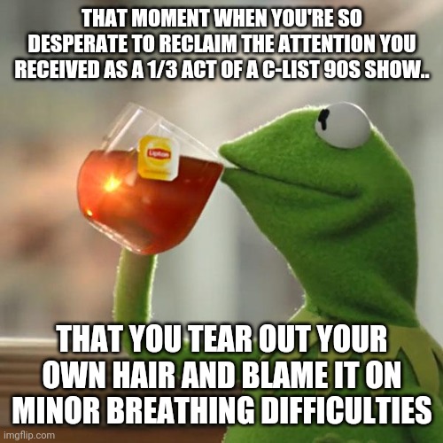 But That's None Of My Business Meme | THAT MOMENT WHEN YOU'RE SO DESPERATE TO RECLAIM THE ATTENTION YOU RECEIVED AS A 1/3 ACT OF A C-LIST 90S SHOW.. THAT YOU TEAR OUT YOUR OWN HA | image tagged in memes,but that's none of my business,kermit the frog | made w/ Imgflip meme maker