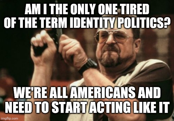Sick of 'Identity' | AM I THE ONLY ONE TIRED OF THE TERM IDENTITY POLITICS? WE'RE ALL AMERICANS AND NEED TO START ACTING LIKE IT | image tagged in am i the only one around here,identity politics,trump 2020,biden,kamala harris,vote 2020 | made w/ Imgflip meme maker