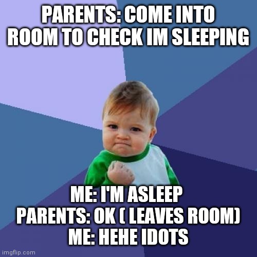 Success Kid Meme | PARENTS: COME INTO ROOM TO CHECK IM SLEEPING; ME: I'M ASLEEP 
PARENTS: OK ( LEAVES ROOM)
ME: HEHE IDOTS | image tagged in memes,success kid | made w/ Imgflip meme maker