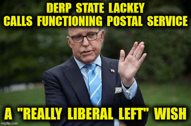 Government sabotages businesses by undermining Postal Service | DERP  STATE  LACKEY
CALLS  FUNCTIONING  POSTAL  SERVICE; A  "REALLY  LIBERAL  LEFT"  WISH | image tagged in kudlow,postal service,mail,election,memes | made w/ Imgflip meme maker