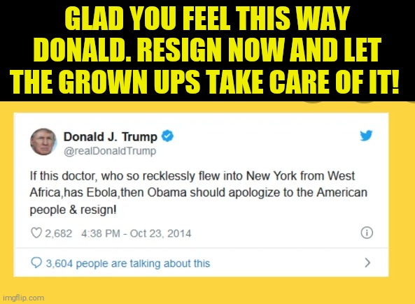 Trumptards can't read | GLAD YOU FEEL THIS WAY DONALD. RESIGN NOW AND LET THE GROWN UPS TAKE CARE OF IT! | image tagged in memes,donald trump,covid-19,barack obama,ebola | made w/ Imgflip meme maker