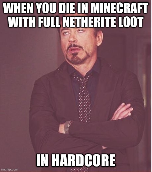 Face You Make Robert Downey Jr | WHEN YOU DIE IN MINECRAFT WITH FULL NETHERITE LOOT; IN HARDCORE | image tagged in memes,face you make robert downey jr | made w/ Imgflip meme maker